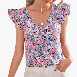 SHEIN Floral V-Neck Ruffle Blouse Ditsy Floral